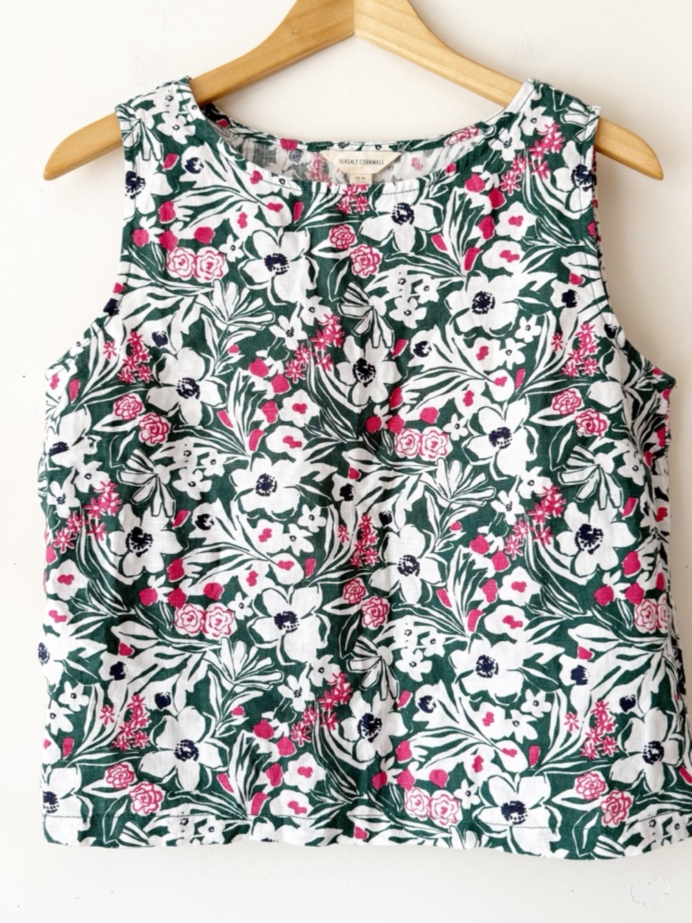 Seasalt Cornwall Color Study 100% Linen Green White Floral Top Boatneck Size 8 - Picture 2 of 12